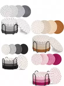 8 Pcs Drink Coasters With Holder, Minimalist Table Woven Coasters,Kitchen Table Heat-Resistant Coasters And Thick Insulation Pads,4 Colors Absorbent Coaster Set For Home Decor Tabletop Protection Suitable For Kinds Of Cups, 4.3 Inches - Multicolor - View 5