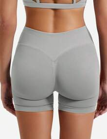 VOYJOY Women Workout Gym Impact Shorts Elieen Hidden Scrunch Butt Lifting Mid Low Waist 4.5" Seamless Shorts  Gym Shorts Black Shorts  Gym Shorts For Women Summer Women Clothes Pink Shorts  Summer Shorts For Women - 淺灰 - 查看 5