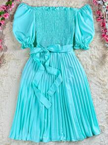 Pleated Midi Dress With Elastex Waist - 水鴨藍 - 查看 1