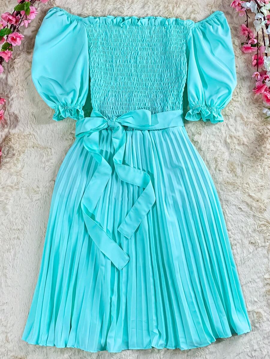 Pleated Midi Dress With Elastex Waist - 水鴨藍 - 查看 1
