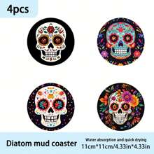 Set de 1/4/6 piezas de posavasos de barro de diatomeas con diseño de calavera y flores - Posavasos para tazas con aislamiento térmico, manteles lavables, antideslizantes y resistentes al calor, ideales para uso doméstico, cafe, oficina, cocina, hora del té, decoración de fiestas temáticas, regalos exquisitos