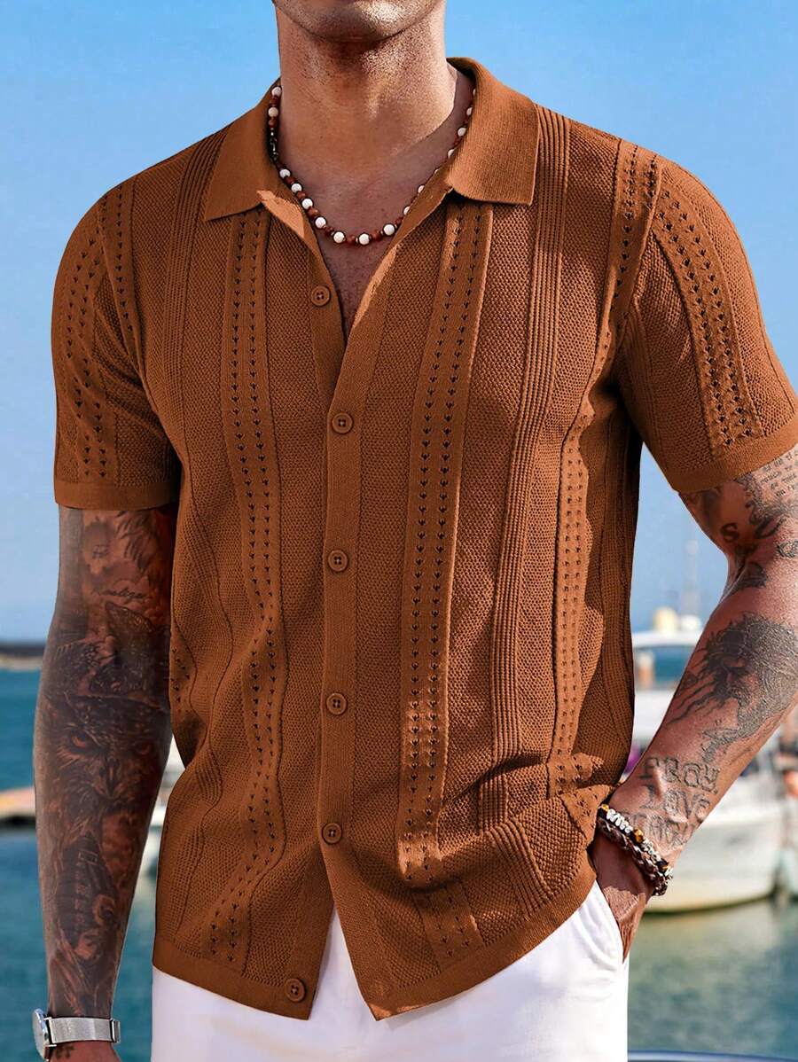 Men's Casual Single-Breasted Plain Color Short Sleeve Knit Top, Spring/Summer