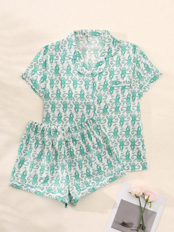 2Pcs Women's Monkey Printed Button Short Sleeve Single-Breasted Top And Pants Pajama Set,Summer, Comfortable For Home Use,Two Pieces Set