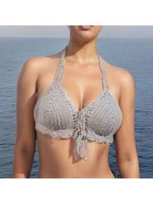 Top de Crochê com Pingente Moda Praia Primavera Verão - Areia (Cru) - Visão 5