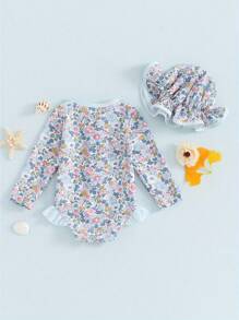 Traje de baño de manga larga con estampado floral para niña pequeña, con lazo y sombrero para el sol, ropa de verano - Azul - Ver 4