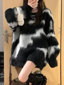 Vintage-Style Oversized Loose Knitted Fluffy Cardigan Sweater For Women Black - Black - View 4