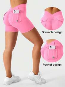 VOYJOY Workout Shorts With Pockets For Women V Back Scrunch High Waisted Shorts Charm Gym Yoga Biker Shorts - Hồng - Xem 6