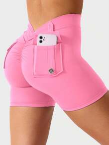 VOYJOY Workout Shorts With Pockets For Women V Back Scrunch High Waisted Shorts Charm Gym Yoga Biker Shorts - Hồng - Xem 5