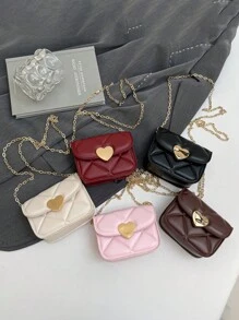 1pc Pu Magnetic Buckle Fashionable And Simple Love Lock Candy Color Diamond Pattern Shoulder Messenger Bag Mini Bag, Niche Design Play Comfortable Chain Shoulder Strap, Smooth And Versatile, Not Picky, Suitable For Daily Outings And Play, Perfect Gift For Teenagers - Heart Mini Bag - View 2
