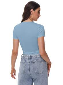 QGEMANWU Women's Square Neck Short Sleeve T Shirts Double Lined Basic Tee Slim Fit Tops