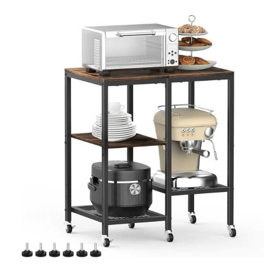 厨房微波炉推车、带轮微波炉支架、咖啡吧台桌、4 层滚动面包架、小家电储物架、厨房实用边桌、客厅（乡村棕色）户外装饰