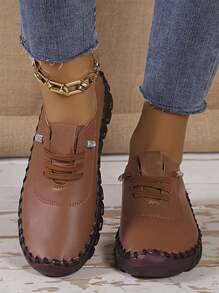 Zapatillas de mujer cómodas y suaves.Zapatillas casuales para mujer - Decoración metálica, estampado a cuadros, suela plana, ligero, versátil, zapatillas blancas - Marrón - Ver 1