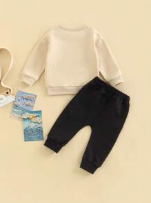 Toddler Baby Boy Fall Winter Clothes 0 6 12 18 24 Months 2T 3T Funny Letter Long Sleeve Sweatshirt And Pants Set 2 Piece Sweatsuit Outfit - 杏色 - 查看 3