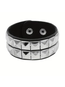 Studded Bracelet PU Leather Punk Bracelet For Men Women, 80s Wristband Goth Punk Rock Bracelet, Black/Silvery Punk Rock Style Two Rows Square Studs Faux Leather Bracelet Cuff Bangle Unisex Bracelets For Party Favors Accessories & Gift Halloween