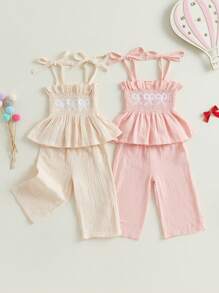 Ropa de verano para niña pequeña, camiseta con lazo bordado y pantalones largos lisos, conjunto de 2 piezas - Albaricoque - Ver 8