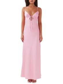 Women Cami Dress Solid Color Sleeveless Spaghetti Strap Tie-Up Front Backless Dress Long Dress Summer Casual Dress