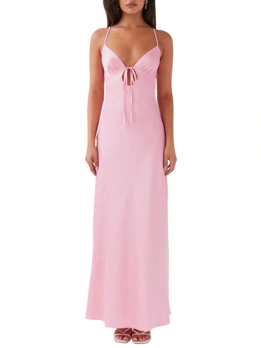 Women Cami Dress Solid Color Sleeveless Spaghetti Strap Tie-Up Front Backless Dress Long Dress Summer Casual Dress
