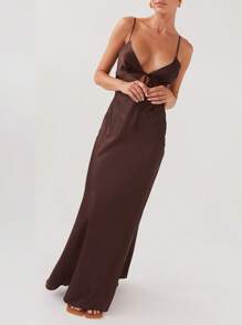 Women Slip Cami Dress Long Sleeveless Tie-Up Front Backless Maxi Dress Lounge Dress - 咖啡 - 查看 3