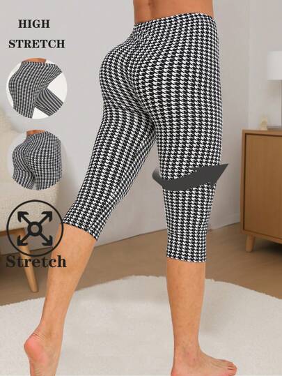 Women's 3/4 Length Spring Trousers, White Patterned With Houndstooth, Black Skinny Fit Pants, Soft Breathable High Elasticity For Outdoor, Travel, Leisure, Fitness, Exercise, Yoga, Everyday Wear Summer