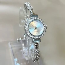 1pc Cute Fashion Women's Bracelet Watch, Simple Round Dial, Diamond Water Ripple Pattern, Alloy Quartz Watch, Suitable For Daily Wear, Birthday, Anniversary, Year-End, Cyber Monday, Halloween And Other Holiday Gifts. Gift Box Not Included. - White - View 7