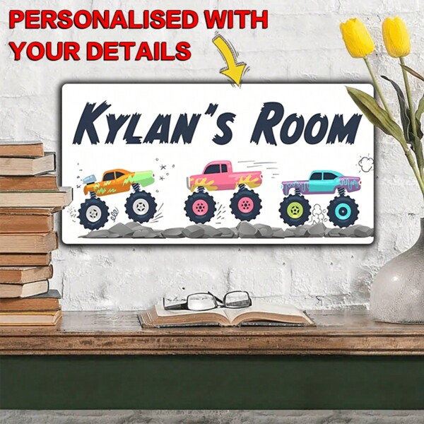 Placa de porta de quarto personalizada com tema de caminhão monstro - Nome personalizado, decoração de quarto em metal - Placa de metal decorativa para parede - Não precisa de eletricidade - 1 peça de 6 x 12 polegadas, volta às aulas