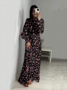 碎花长袖休闲连衣裙，简约时尚，适合春季度假穿着，黑色 - 黑色 - 查看 4