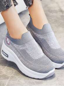 Zapatillas de deporte de suela gruesa de malla transpirable para mujer, zapatillas de deporte casuales de mujer, Zapatillas de deporte casuales antideslizantes ligeras, Zapatillas de deporte de suela gruesa para mujer, tenis,  Zapatos blancos de colores mezclados de malla transpirable,Zapatos planos de trabajo cómodos para todas las estaciones. - Gris - Ver 4