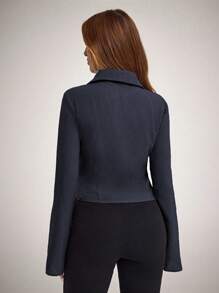 Blusa aderente a costine di un unico colido, con maniche a sbuffo, stile di moda Y2K, adatta per primavera estate autunno, casual, vacanze e uso quotidiano/pendolare