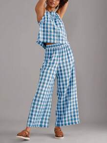 Women 2 Piece Outfits Cotton Gingham Pajama Set Y2K Plaid Sleeveless Top Wide Leg Pants Lounge Matching Set - Màu xanh lam - Xem 3