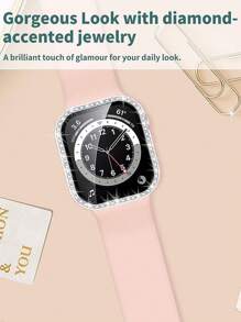 1个男女通用银色钻石装饰超薄钢化玻璃表壳，防刮保护套，兼容 38/40/41/42/44/45/46/49mm，兼容 Series Ultra/SE/11/10/9/8/7/6/5/4/3/2/1，智能手表表壳配件