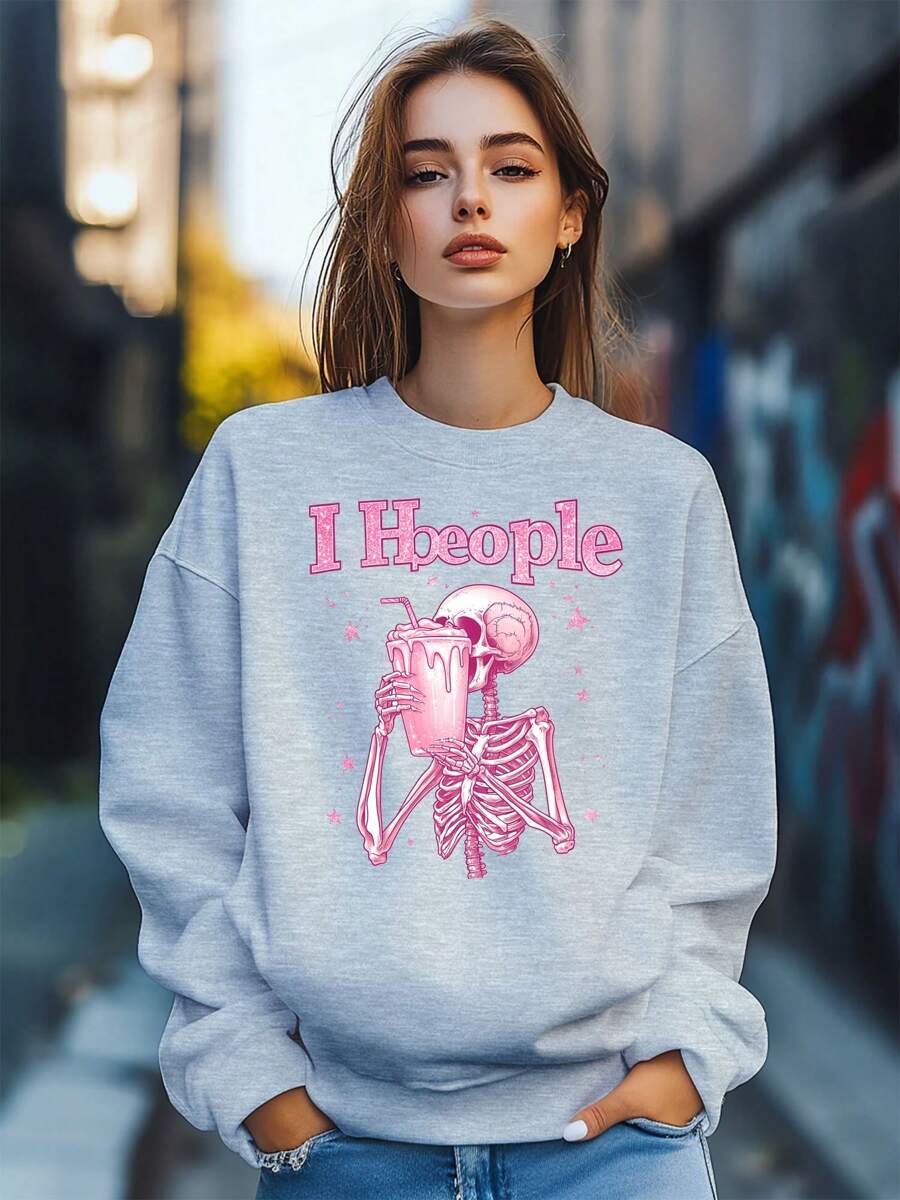 Women's Hate People Funny Cool Skeleton Pink Print Sweatshirt Pullover Fall Loose Fashion Long Sleeve Crew Neck Sweatshirt Casual Comfy Clothes - Grey - View 1
