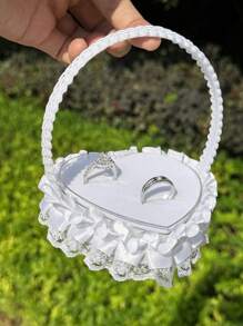 1 件婚礼手持戒指盒蕾丝仿珍珠戒指盒蝴蝶结小花篮花童手持心形戒指枕婚礼道具 - 彩色 - 查看 10