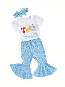 Conjunto de cumpleaños para niña, camiseta de manga corta con cuello redondo y letras de donut, pantalones acampanados y diadema, bonito conjunto de verano. - Azul - Ver 1