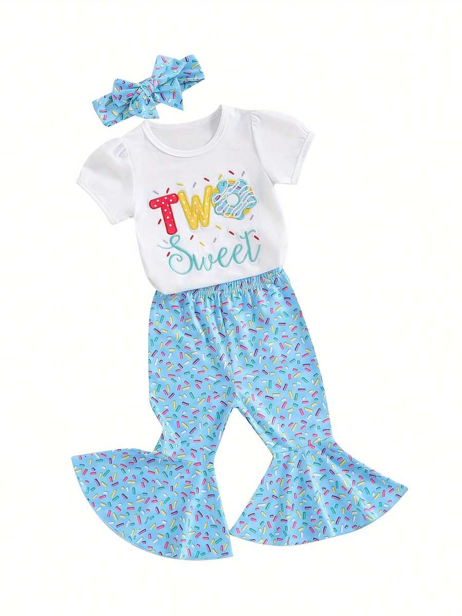 Conjunto de cumpleaños para niña, camiseta de manga corta con cuello redondo y letras de donut, pantalones acampanados y diadema, bonito conjunto de verano. - Azul - Ver 1