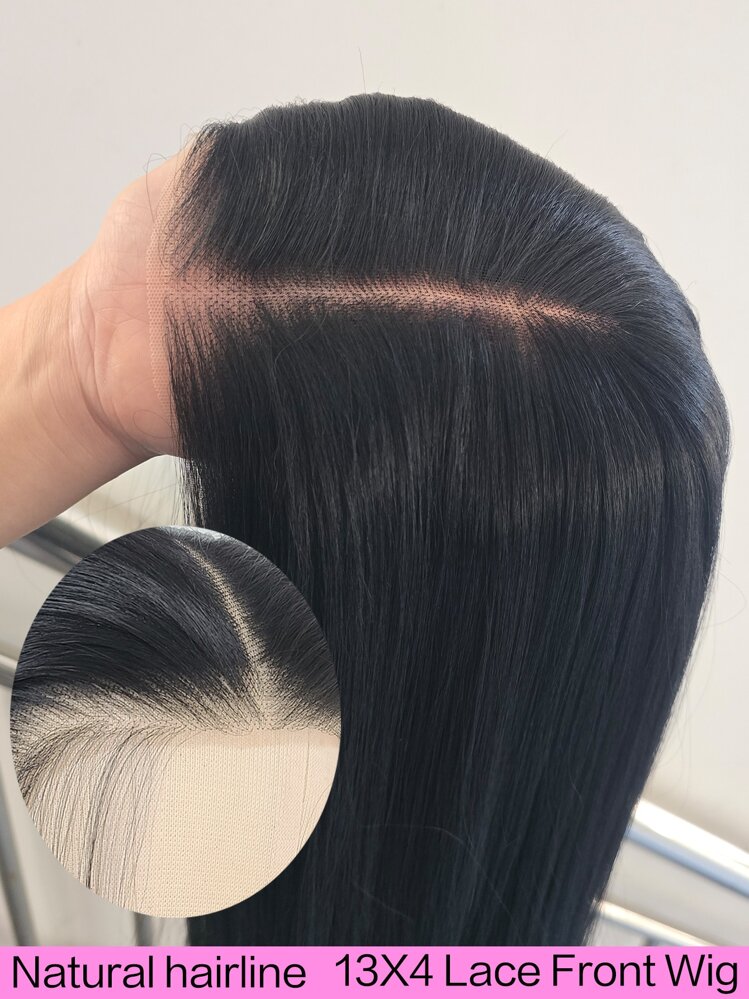 24 英寸直发黑色合成发蕾丝前部自由式假发适合日常佩戴 - 黑色 - 查看 1