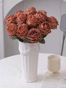 1/3/4/6/7pcs Artificial Fire Roses, Artificial Flowers, Wedding Season Decorations, Table Decorations, Centrepieces, Mother's Day Decorations, Plastic Flowers, Candlelight Dinner Decorations, Harvest Festival, Thanksgiving Day, Christmas School - Coffee Brown - View 7