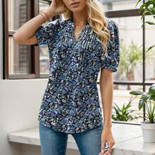 SANOPY Elegant Floral Pattern Women's Blue Casual Shirt, Suitable For Summer, Party, Beach, Holidays - Màu xanh hải quân - Xem 2