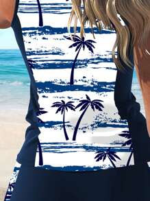 AguaCube Print Tankini Set For Women - Stretchy Polyester & Elastane, Shoulder-Baring Design With Shorts Bottoms, Machine Washable, Coconut Tree Print Swimwear - 藍色 - 查看 5