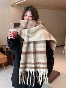 1 chiếc khăn choàng cổ kẻ caro tua rua dày mềm mại cỡ lớn mới 2025 dành cho nữ, cỡ lớn và ấm áp, thích hợp mặc vào mùa thu/đông để mặc váy - Nhiều màu - Xem 4