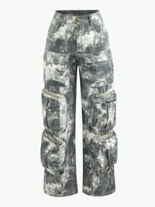 Womens Camo Cargo Pants, Multi Pockets High Waist Oversized Straight Zipper Wide Legs Streetwear For Hip Hop Women - 灰色 - 查看 3