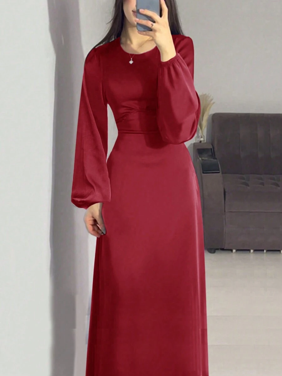 Women's Solid Color Elegant Lantern Sleeve Modest A-Line Long Dress - Burgundy - View 1