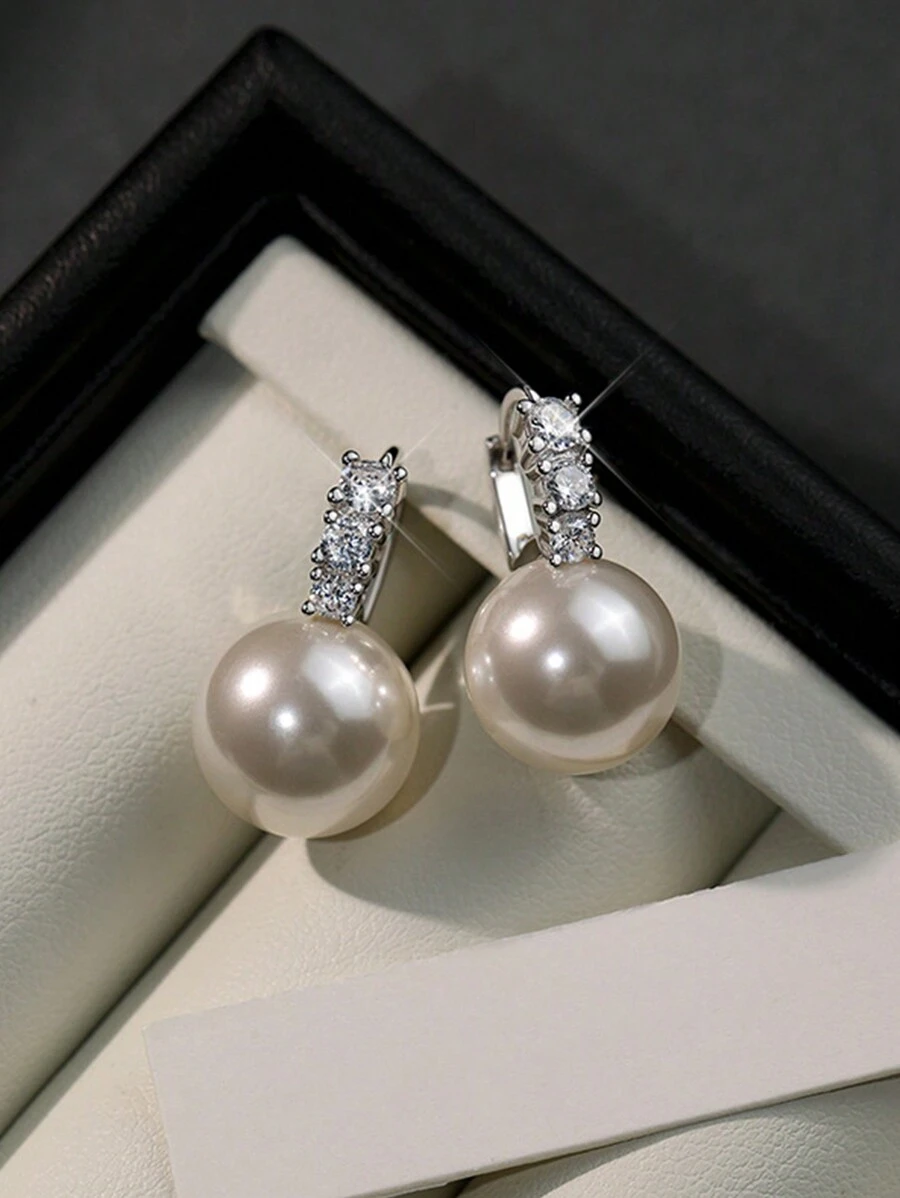 1 对女士 925 纯银珠宝人造珍珠耳环，带水钻，奢华复古人造珍珠设计耳钉，派对和生日礼物