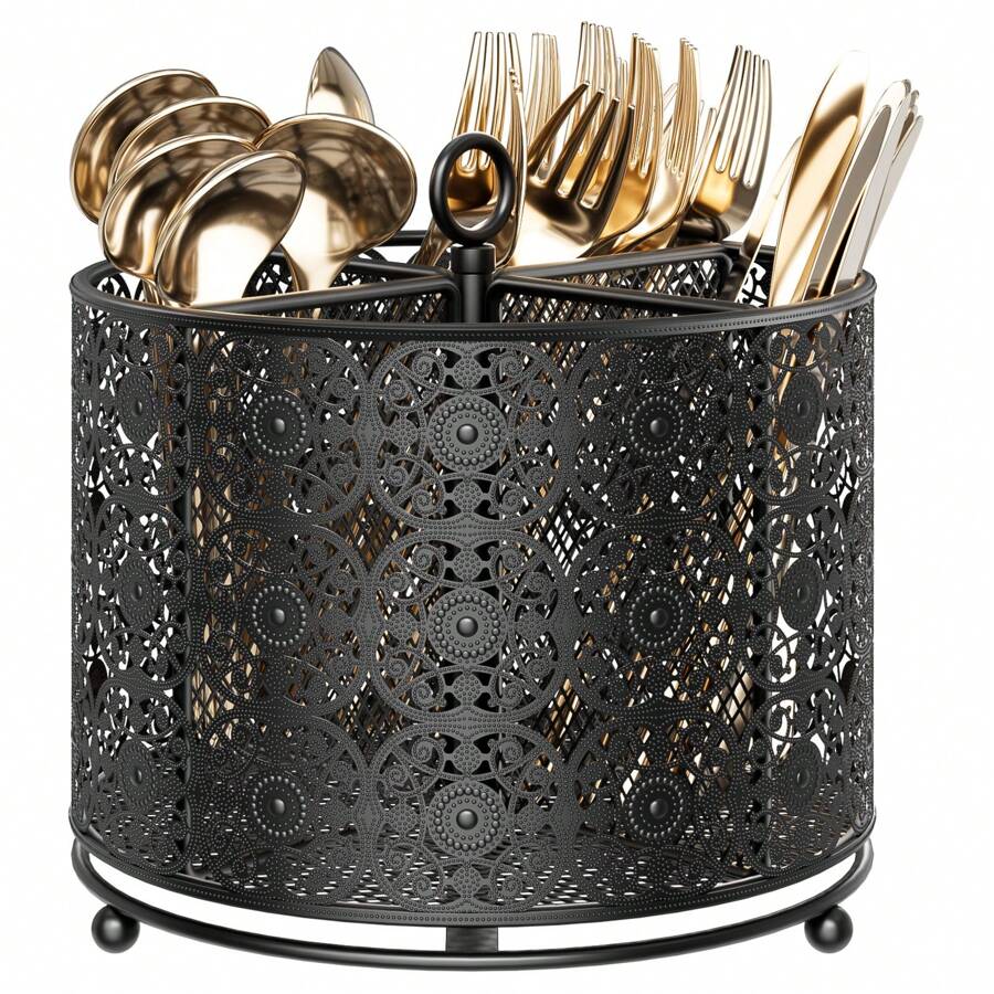 360° Rotating Utensil Caddy Countertop - Cutlery Silverware Caddy Holder With 4 Compartment - Higher Raised Flatware Organizer With Handle For Party Kitchen Counter Office - màu đen - Xem 1