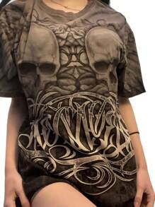 Women Vintage Oversized T Shirts Y2k Fairy Grunge Gothic Crew Neck Short Sleeve Graphic Printed Tees Skull Print Summer Loose Pullover Tops Streetwear Baggy Blouse Harajuku Aesthetic Clothes 2000s - 灰色 - 查看 1