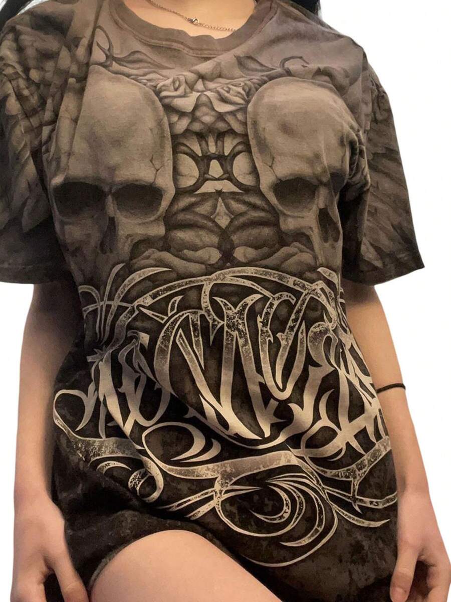 Women Vintage Oversized T Shirts Y2k Fairy Grunge Gothic Crew Neck Short Sleeve Graphic Printed Tees Skull Print Summer Loose Pullover Tops Streetwear Baggy Blouse Harajuku Aesthetic Clothes 2000s - Xám - Xem 1