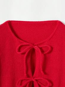 Cardigan a maniche lunghe con nodo, tinta unita, minimalista, adatto all'ufficio, vintage, semplice, stile francese, maglione cardigan lavorato a maglia di colore unito da donna - Rosso - Visualizzare 6