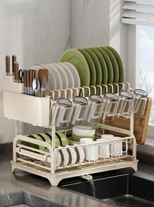 1pc Dish Drying Rack, A Two-Tier Dish Rack Featuring A Drainboard, Multifunctional Dish Drainer, Includes A Cutting Board Holder, Utensil Holder, And Cup Holder,