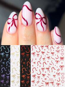 4 张闪光蝴蝶结美甲贴纸，情人节优雅线条 3D 红金激光粉色蝴蝶结丝带蝴蝶结星空心设计自粘指甲贴花女士 DIY 美甲用品 - 彩色 - 查看 2