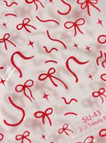 4 张闪光蝴蝶结美甲贴纸，情人节优雅线条 3D 红金激光粉色蝴蝶结丝带蝴蝶结星空心设计自粘指甲贴花女士 DIY 美甲用品 - 彩色 - 查看 11