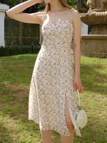 Summer Casual Fresh Ditsy Floral V-Neck Sleeveless Split Hem Dress - White - View 1
